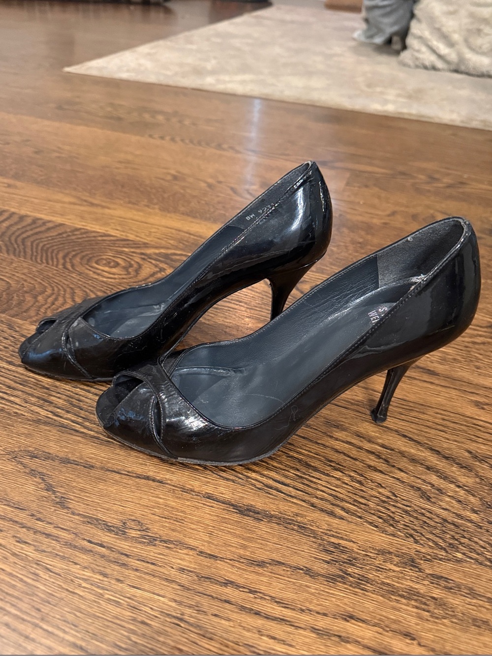 Stuart Weitzman Black Patent Peep-Toe Heels - Picture 4 of 6